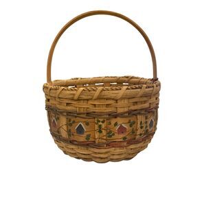 Vintage Hand Painted Woven Wood Slat Basket with Handle Cottagecore Farmhouse